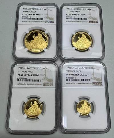 【金钰满堂钱币第四十三期】中国金银币/NGC评级币/金总封装币/国外金币 - 瑞士1986年雪山女神金币四枚一套NGC PF69分 1/10，1/4，1/2，1oz纯金