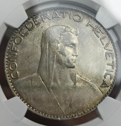 紫瑗钱币——第576期 - 瑞士 1922年 B版  威廉泰尔 5法郎 	25克 0.9银 NGC UNC DETAIL