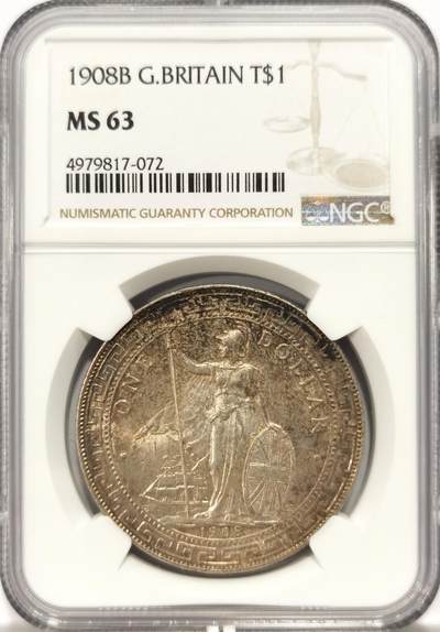 博洋堂世界钱币拍卖第131期（全场包邮） - NGC MS63 英国贸易银1908年B版站洋，转光五彩