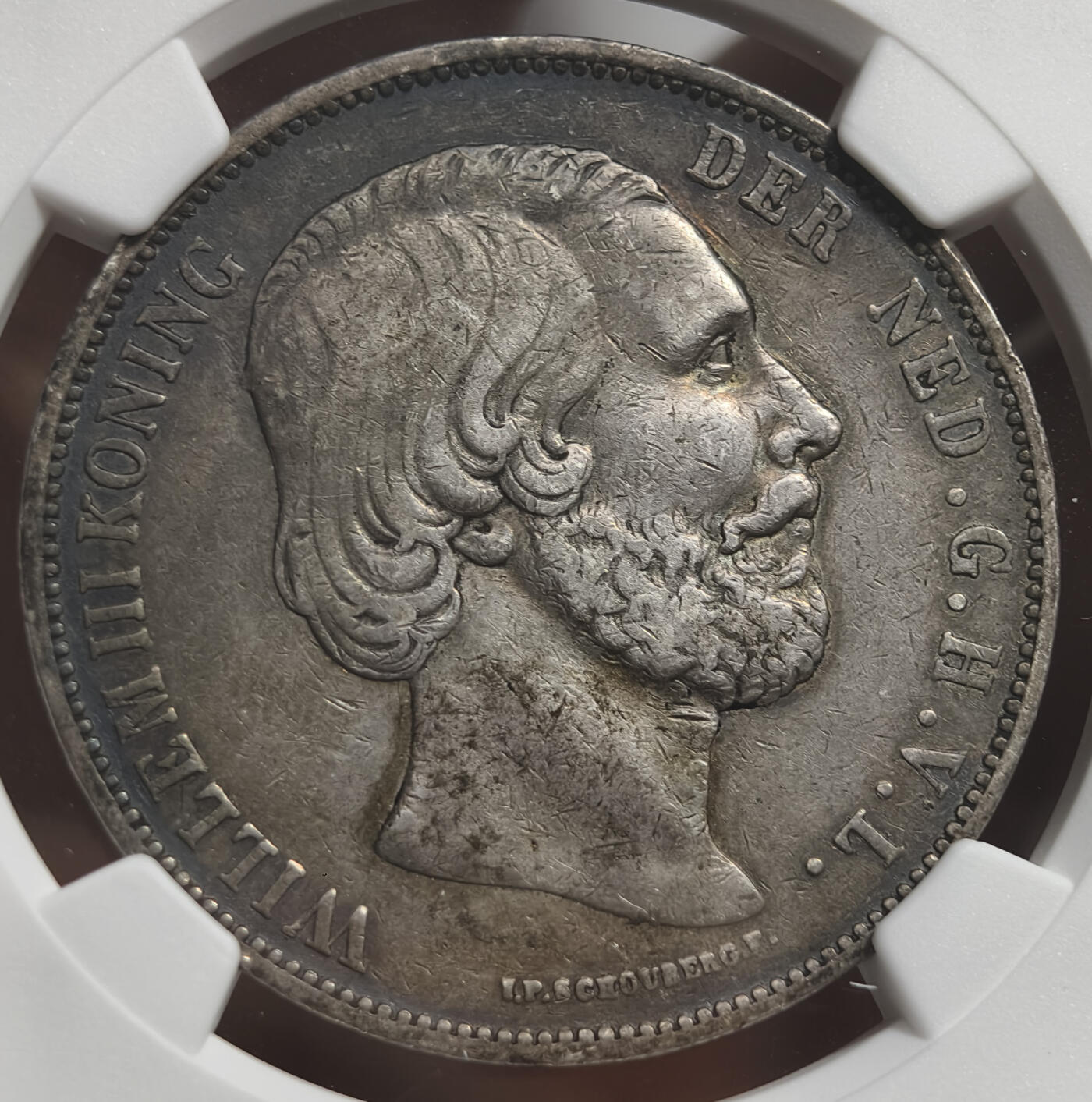 紫瑗钱币——第576期 荷兰 1872年 威廉三世 2.5盾 25克 0.945银 老五彩包浆 NGC XF40