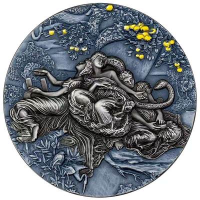 第166期拍卖【长期征集拍品】 - 纽埃2023年，金苹果树三女神-“光辉”、“晚霞”、“暮光”，2盎司加大(直径达50mm)、高浮雕、双色调仿古、镀金、蓝彩(色)银币. 盒证全.采用了极其少见的灰、蓝双色调仿古工艺. 古希腊女神热门漂亮银币. 国外售价398美元