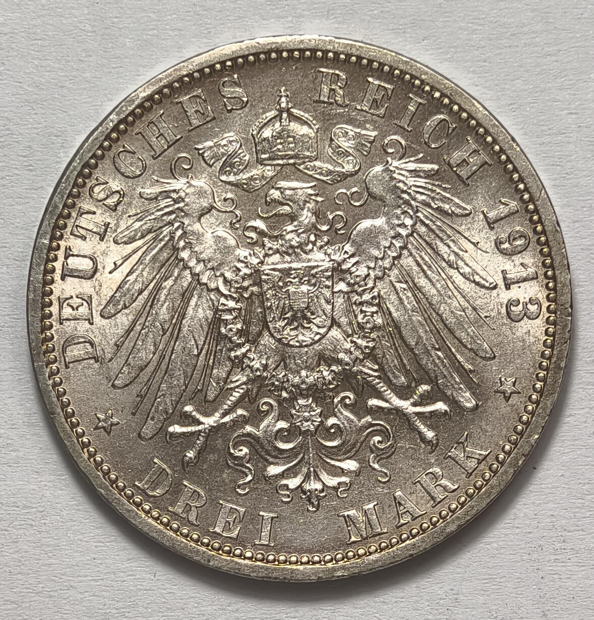 紫瑗钱币——第576期 德国 普鲁士 1913年 军装 威廉二世国王统治二十五周年 3马克