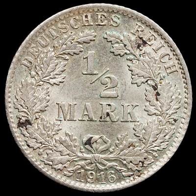 修遠堂世界钱币第七十八期 - 1916年德国1/2马克银币 D厂铭 未流通