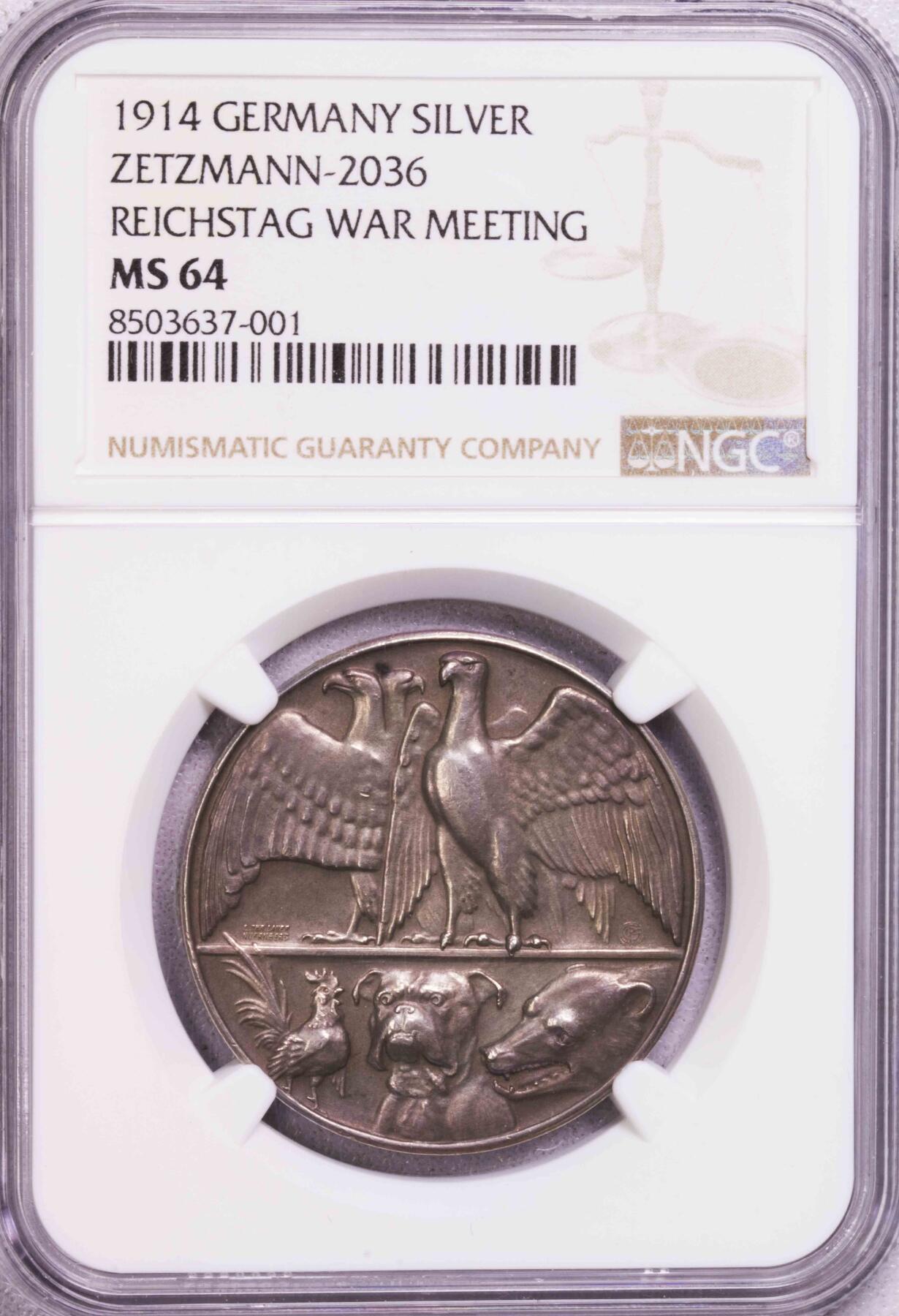 NGC-MS64 1914德国国会开战决议纪念银章 冠军
