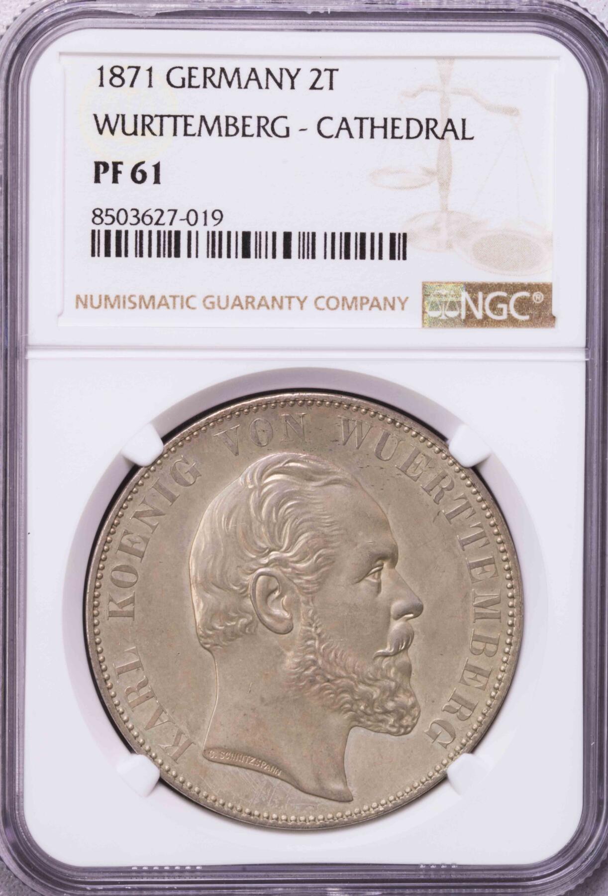 NGC-PF61 1871符腾堡乌尔姆教堂2泰勒精制大银币名誉品
