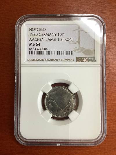 长老汇蛇年精选第二十六场拍卖 -  1920 德紧亚琛妇人头10芬尼铁币，NGC MS64分，季军分，更高分仅有4枚