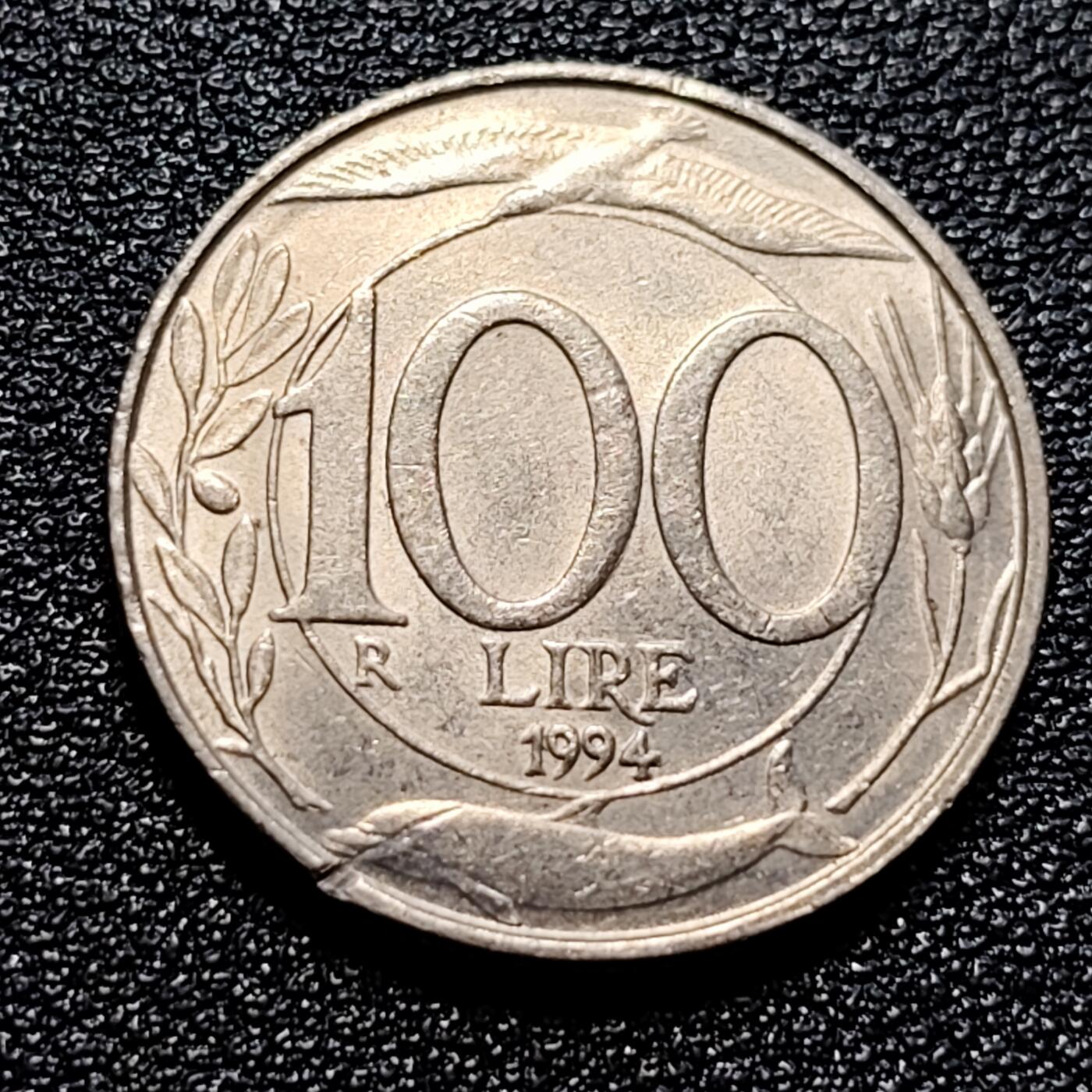 泉币菌-第57场-各国散币场 美品 意大利100里拉白铜硬币 海豚 飞鸟 小麦 22mm 