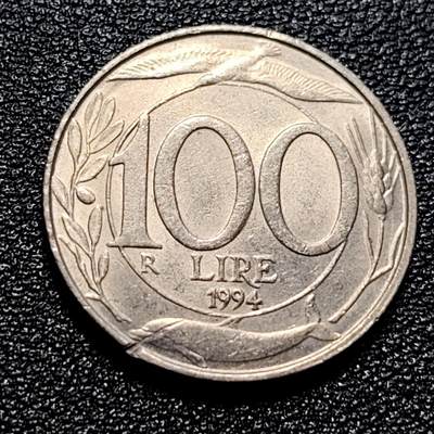 泉币菌-第57场-各国散币场 - 美品 意大利100里拉白铜硬币 海豚 飞鸟 小麦 22mm 