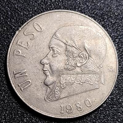 泉币菌-第56场-各国散币场 -  1980年墨西哥早期1比索大镍币 29mm 独立战争领袖莫雷洛斯 鹰蛇徽