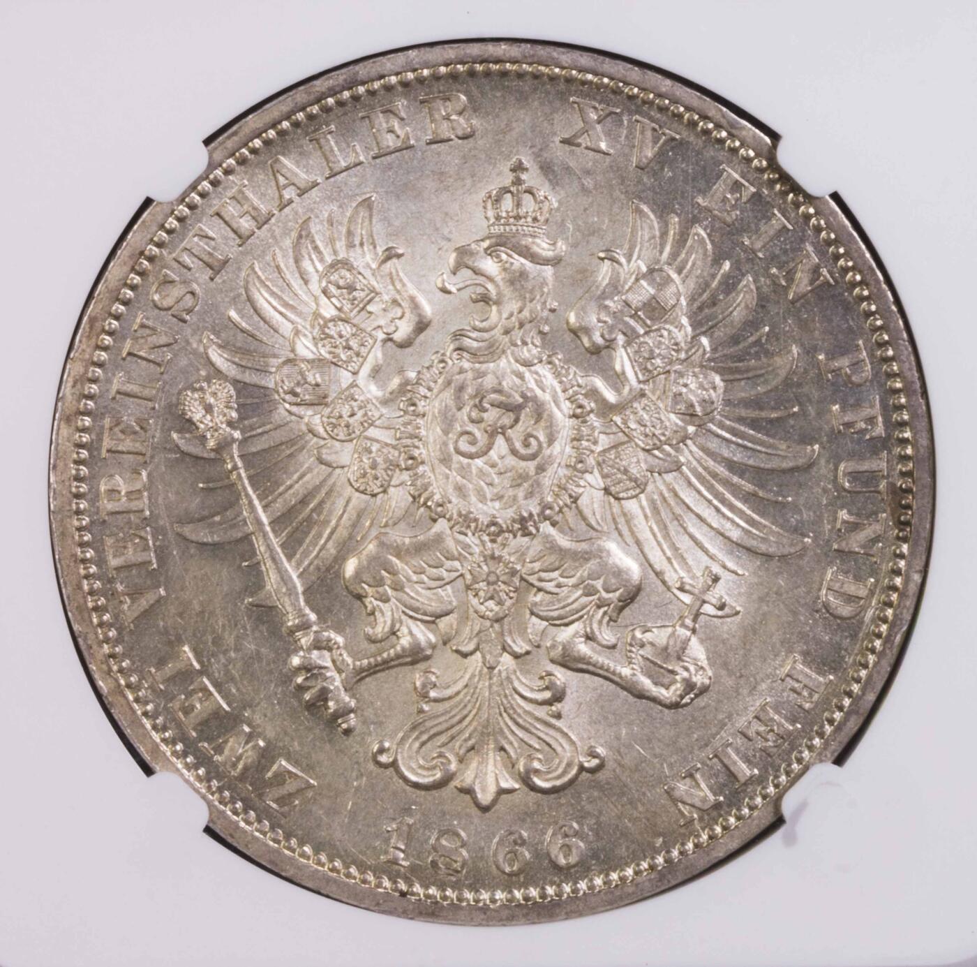 NGC-MS62+ 1866普鲁士威廉大鸟2泰勒大银币 亚军分