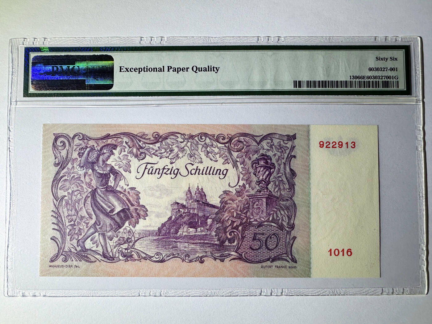 【Blue Auction】✨世界纸币精拍700期盛典——白金之夜🔥🔥🔥 A【无47】奥地利 1951年50先令 PMG66EPQ  建筑师雅格布·普兰陶尔 梅尔克修道院 设计精美