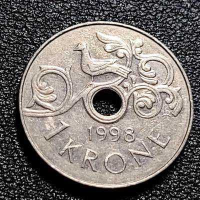 泉币菌-第57场-各国散币场 - 挪威1998年1克朗硬币 中孔设计 国王 哈拉尔五世