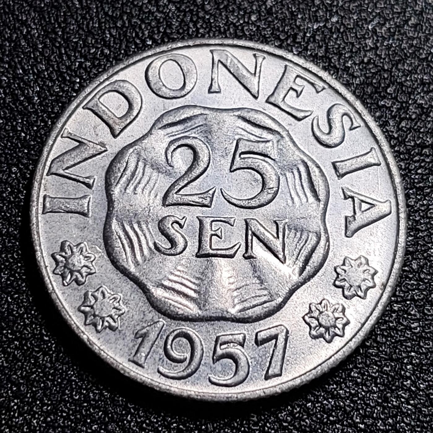 泉币菌-第56场-各国散币场 原光美品 印度尼西亚1957年25仙 铝币 26MM 
