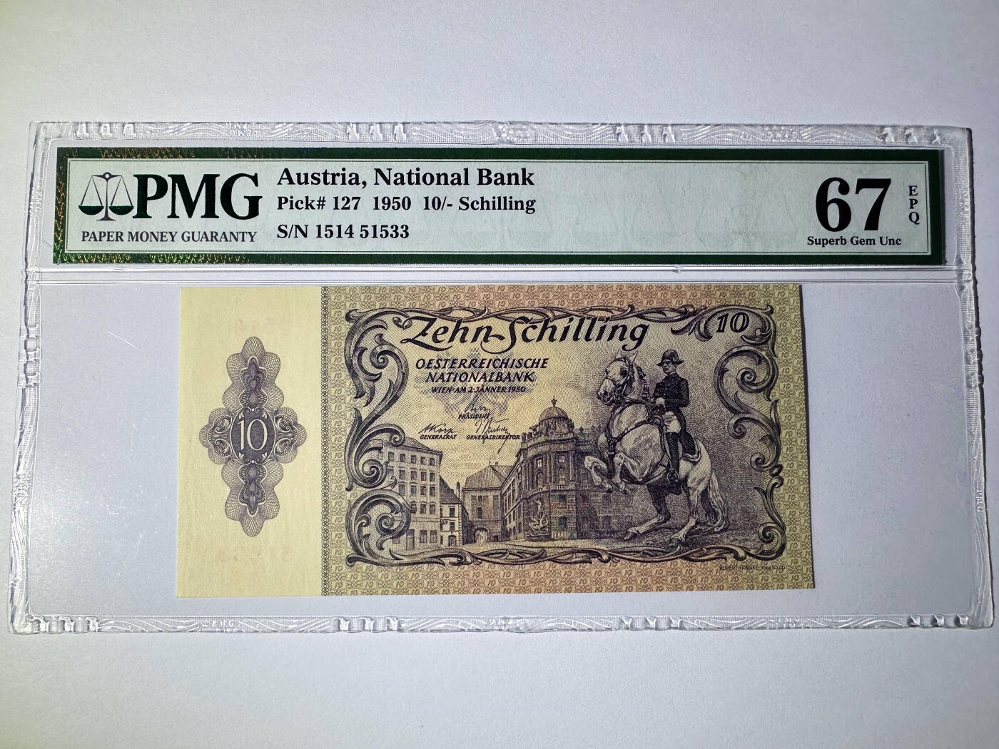 【Blue Auction】✨世界纸币精拍700期盛典——白金之夜🔥🔥🔥 A【p127 初版冠军分】奥地利 1950年10先令 “西班牙皇家马术学校”的骑手&位于维也纳的贝尔韦德雷城堡 PMG67EPQ 高分