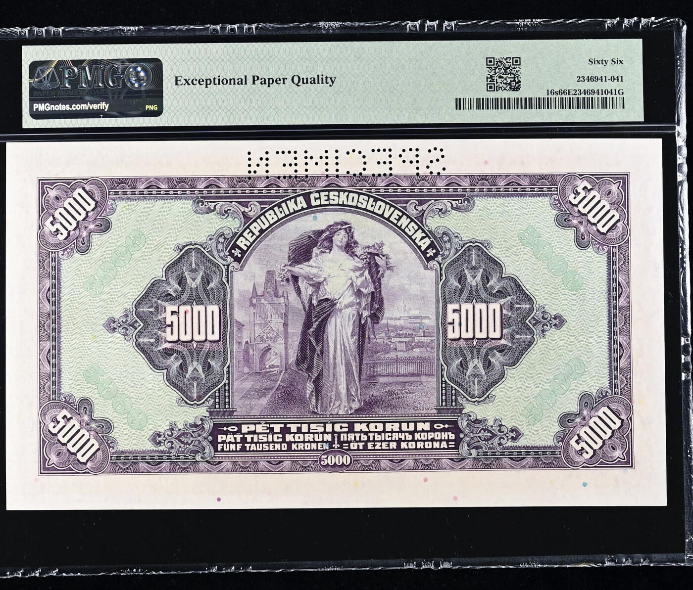 【Blue Auction】✨世界纸币精拍700期盛典——白金之夜🔥🔥🔥 B【8888狮子号样钞 亚军分】波西米亚和摩拉维亚1943年5000克朗 正面为易北河上货船与身着塔博尔传统服饰的民俗女性 背面为手持丰饶羊角和花团的女神 ABNC美钞公司印制 慕夏设计 大票幅 雕刻十分精美 PMG66EPQ亚军分