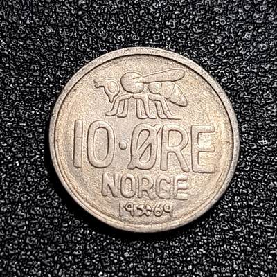 泉币菌-第56场-各国散币场 - 挪威1969年 10欧尔 哈康七世国王 皇冠 铜镍币 蜜蜂图15mm