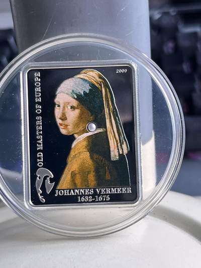 第167期拍卖【长期征集拍品】 - 库克2009戴珍珠耳环的少女弗美尔镶珍珠矩形银币,925银，25克，发行5000枚，有丝痕