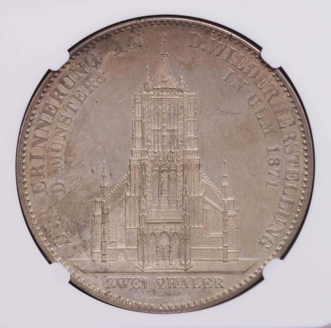 NGC-PF61 1871符腾堡乌尔姆教堂2泰勒精制大银币名誉品