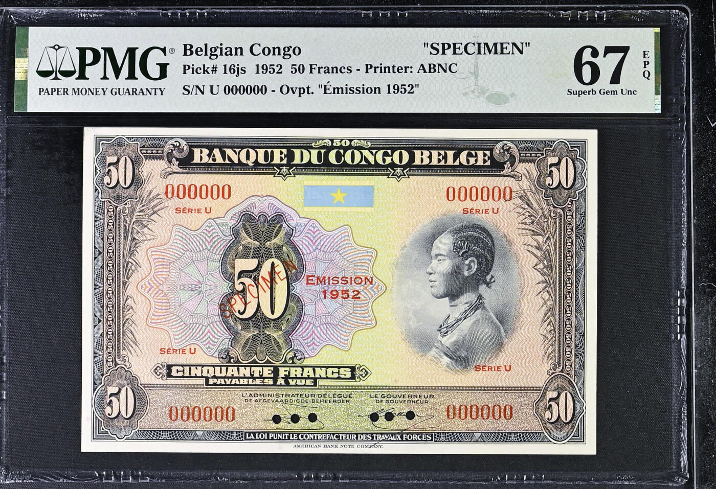 【Blue Auction】✨世界纸币精拍700期盛典——白金之夜🔥🔥🔥 B【唯二冠军分】比属刚果1952年50法郎 经典丛林豹 雕刻细腻 神态威严 步伐霸气 样钞打孔保留主图完整性 实钞的最佳替换 ABNC美钞公司出品 PMG67EPQ高分