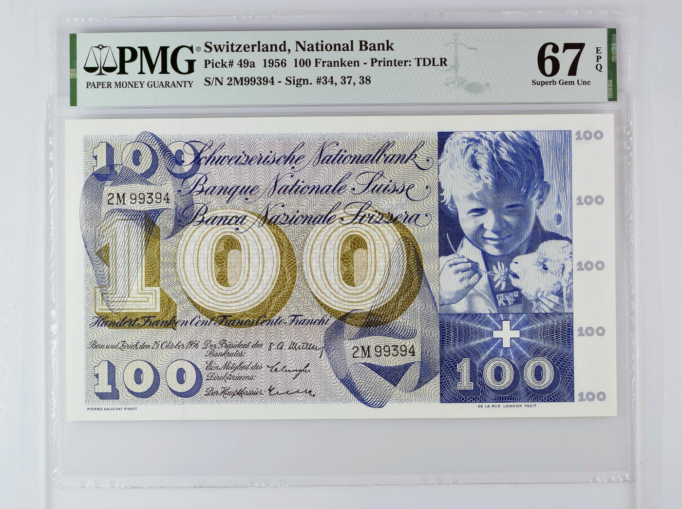 【Blue Auction】✨世界纸币精拍700期盛典——白金之夜🔥🔥🔥 S【初版冠军分少见】瑞士 1956年100法郎 超大票幅 圣马丁割袍 PMG67EPQ 高分