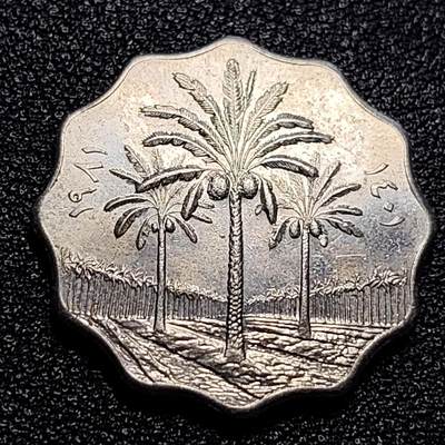 泉币菌-第57场-各国散币场 - 带光美品 伊拉克10费尔镍币硬币 24mm