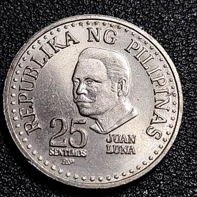 泉币菌-第56场-各国散币场 - 原光UNC 车轮光 1982年菲律宾25分 画家胡安•卢纳 直径21mm