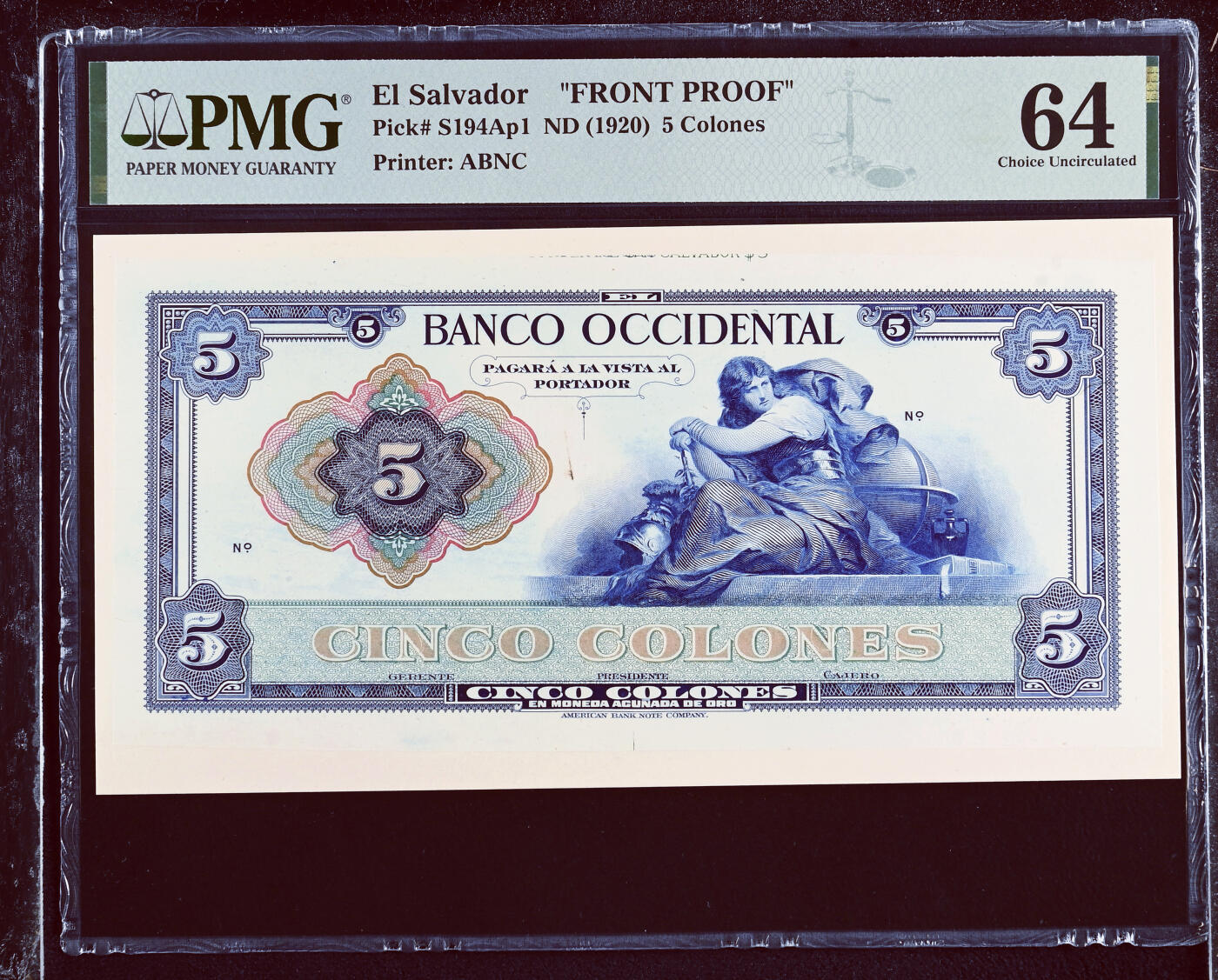 【Blue Auction】✨世界纸币精拍700期盛典——白金之夜🔥🔥🔥 E【唯一冠军分】萨尔瓦多 1920年5克朗 正面印样 ABNC雕刻精美 大票幅 PMG64