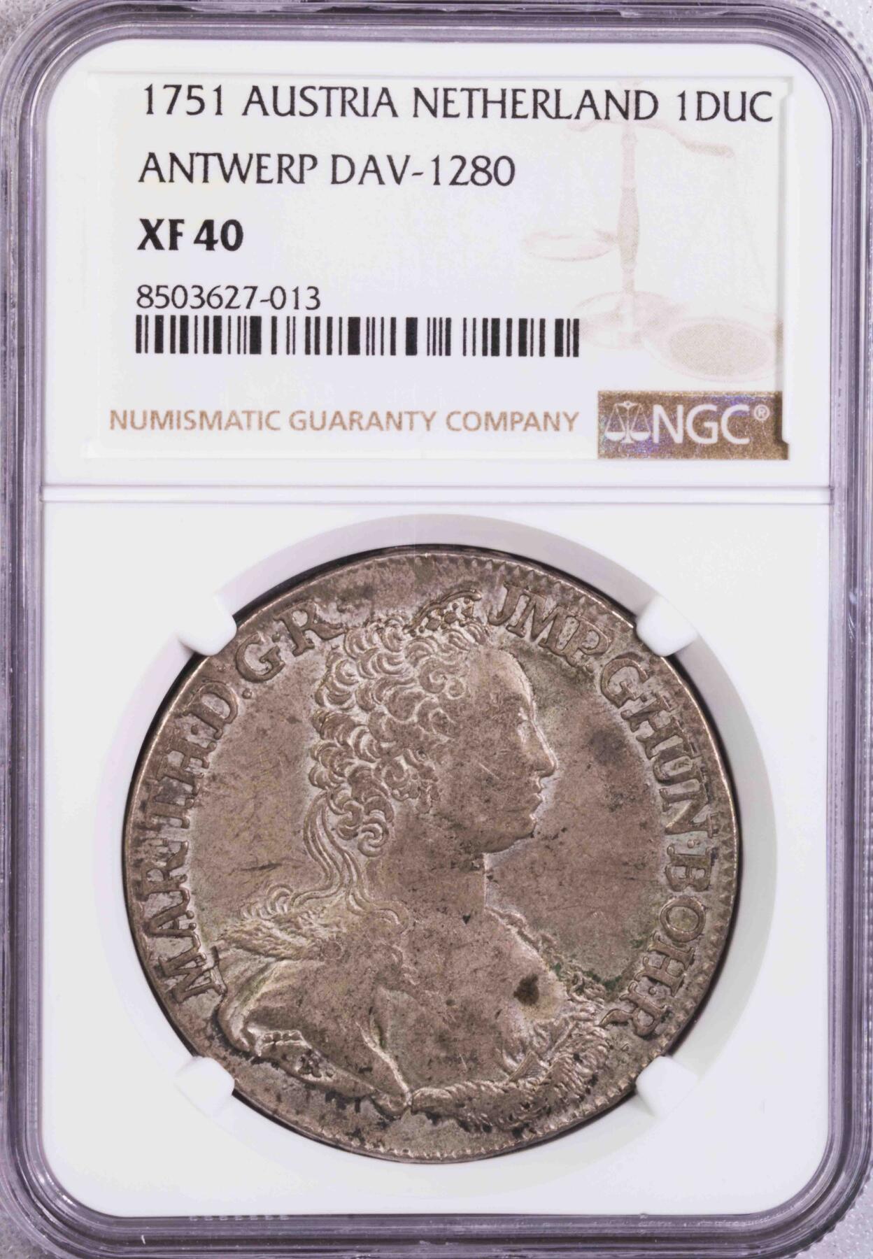 NGC-XF40 1751奥属尼德兰安特卫普奶妈杜卡通大银币