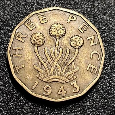 泉币菌-第56场-各国散币场 - 英国1943年 3便士铜币 乔治六世 21mm