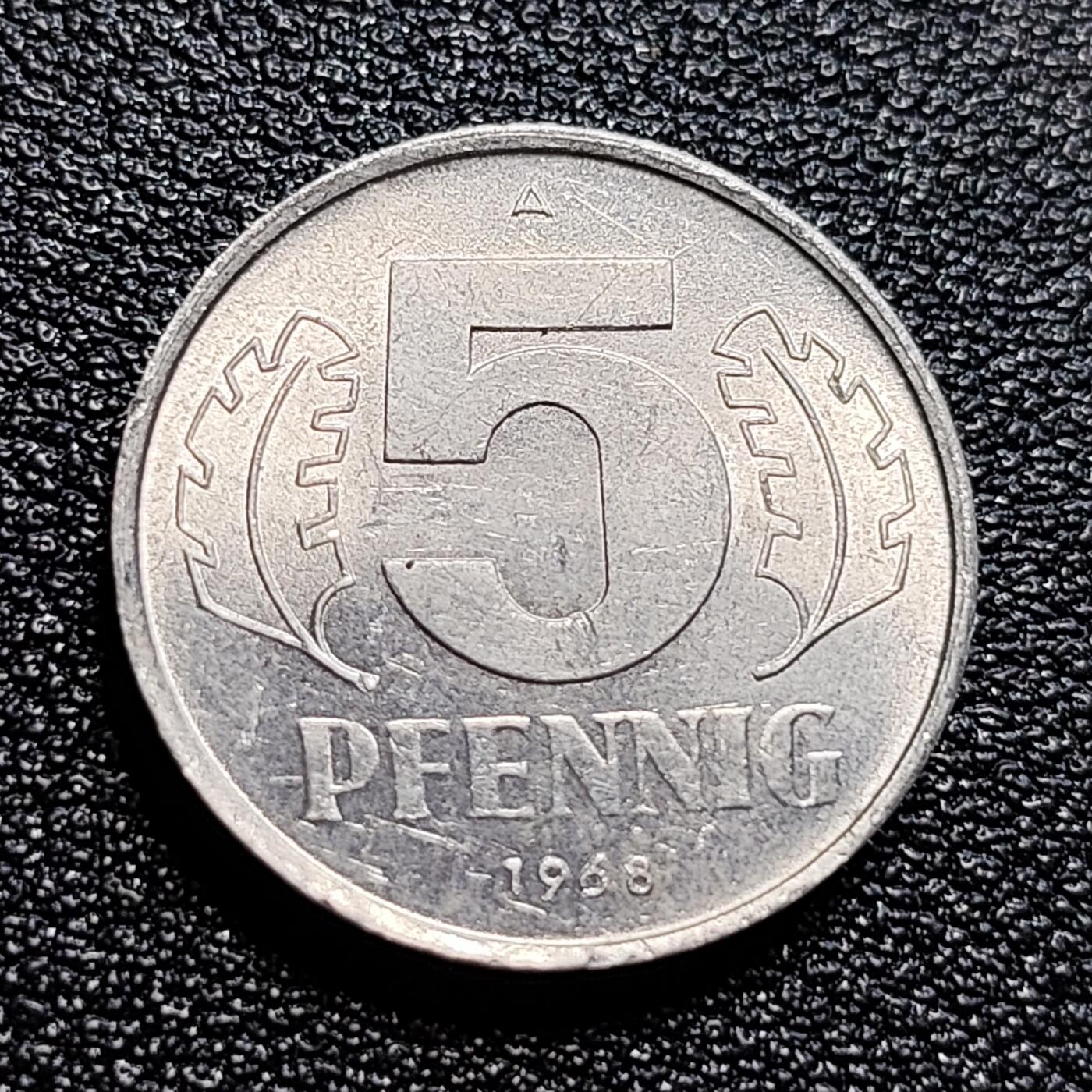 泉币菌-第57场-各国散币场 原光东德民主德国1968年5芬尼铝币A厂（大字版） 