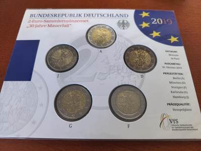 长老汇马年精选第十六场拍卖 - 2019德国柏林墙倒塌30周年2欧元双金属币，5厂全，卡装