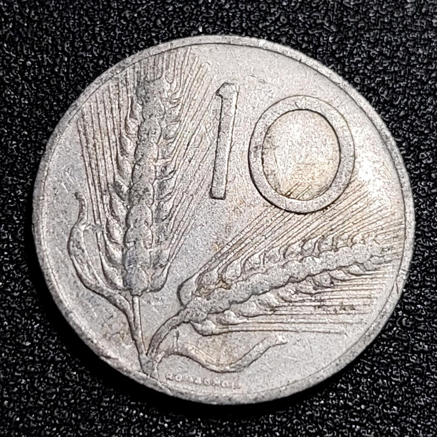 泉币菌-第56场-各国散币场  意大利1955年 10里拉铝币 麦穗古犁 23.2mm