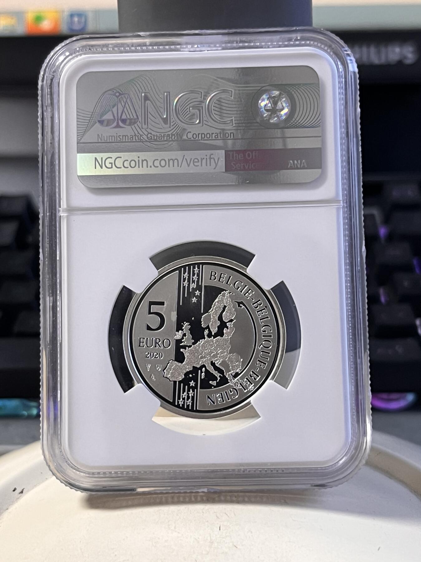 第168期拍卖【长期征集拍品】 比利时2020年欧洲大陆首列火车运行185周年银币NGC-PF69原盒证书，925银，14.6克，发行量5000枚
