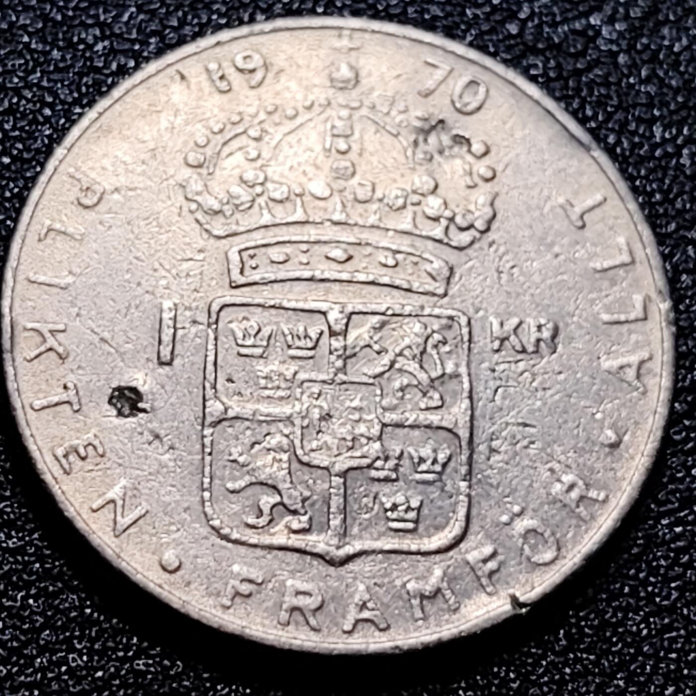 泉币菌-第57场-各国散币场 瑞典1970年1克朗 古斯塔夫六世国王 皇冠 25mm
