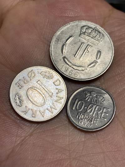 2025年第六十八场(总第九十四场）外国好品散币(免佣金) - 3枚：卢森堡🇱🇺1966年1法郎，丹麦🇩🇰1973年10欧尔，挪威🇳🇴1967年10欧尔