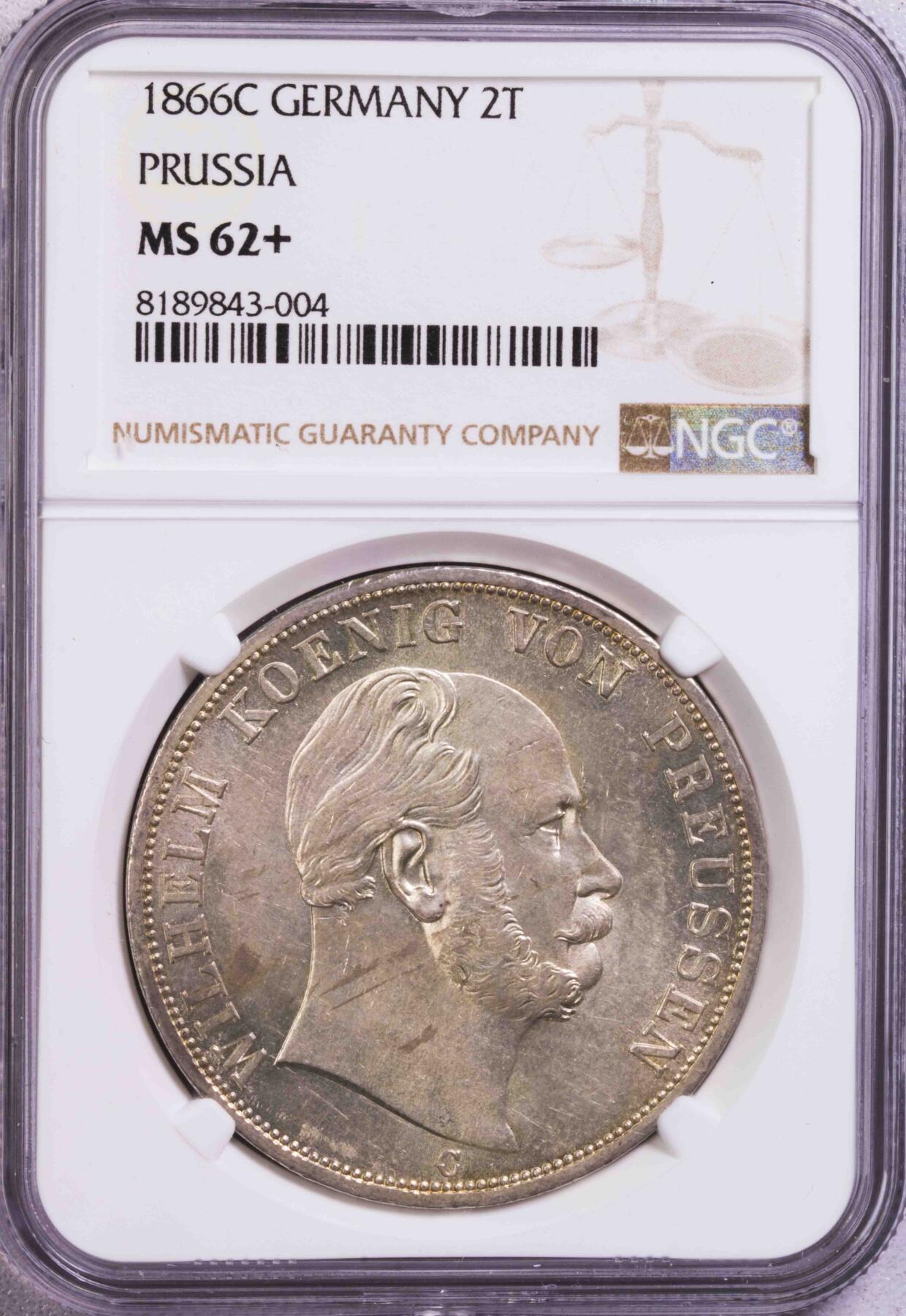 NGC-MS62+ 1866普鲁士威廉大鸟2泰勒大银币 亚军分