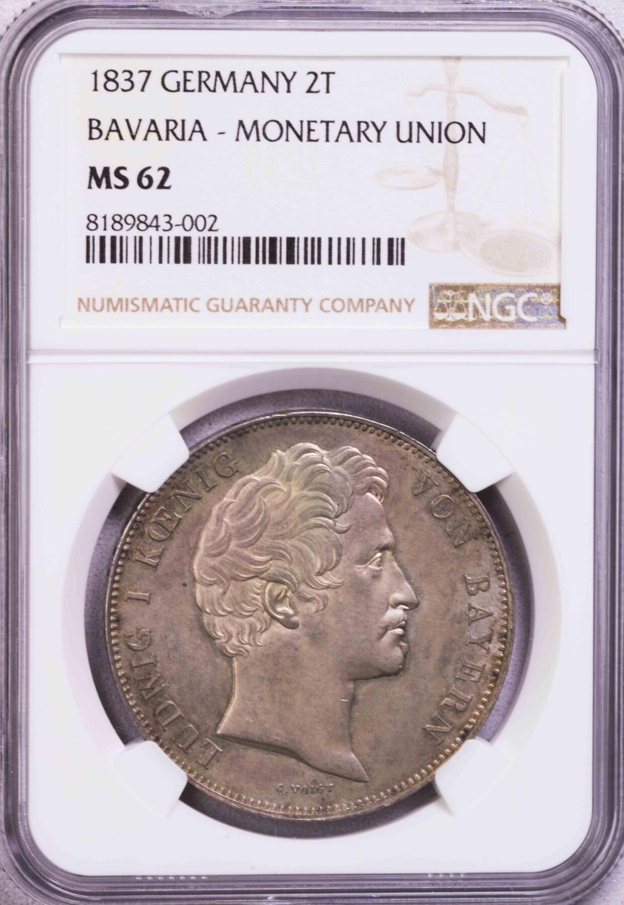 NGC-MS62 1837巴伐利亚货币协议女神2泰勒大银币