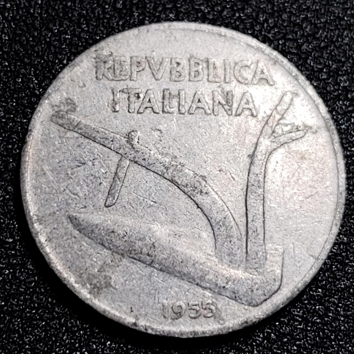 泉币菌-第56场-各国散币场  意大利1955年 10里拉铝币 麦穗古犁 23.2mm