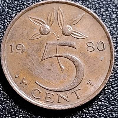 泉币菌-第57场-各国散币场 - 美品 荷兰1980年5分 橙子 朱丽安娜女王 公鸡&星星暗记 青铜币 21mm C