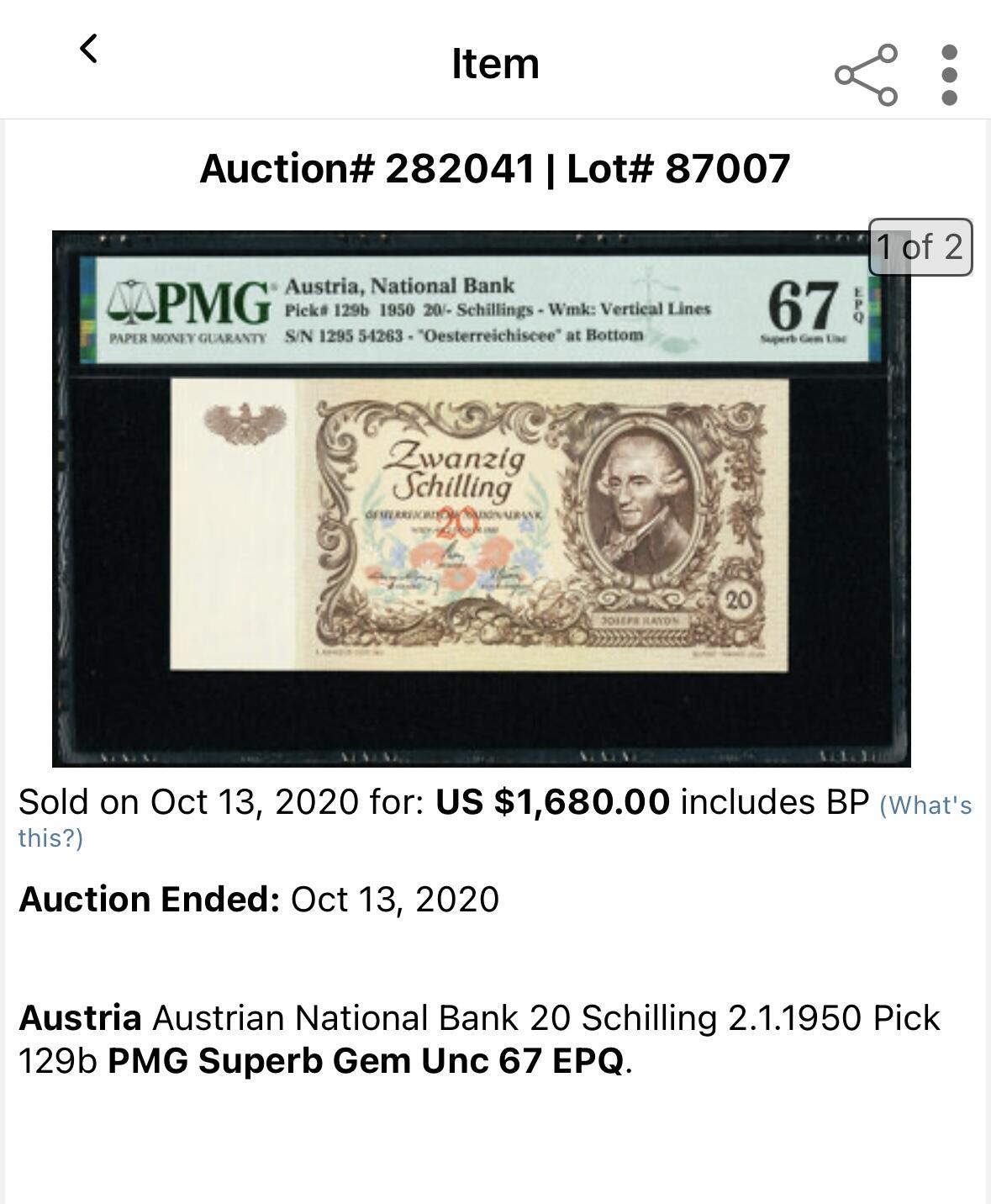 【Blue Auction】✨世界纸币精拍700期盛典——白金之夜🔥🔥🔥 A【p129b 乱蛇号 唯一冠军分】奥地利 1950年20先令 维也纳古典乐派奠基人约瑟夫·海顿 PMG67EPQ 高分少见