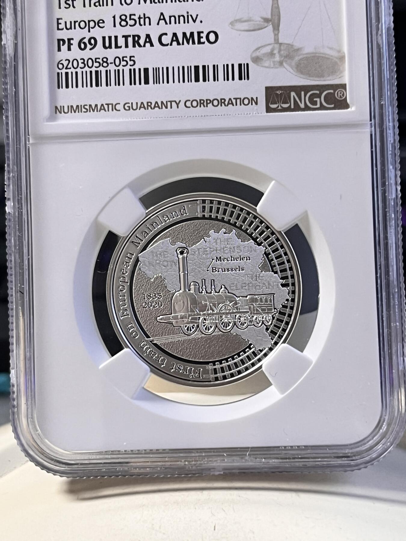 第168期拍卖【长期征集拍品】 比利时2020年欧洲大陆首列火车运行185周年银币NGC-PF69原盒证书，925银，14.6克，发行量5000枚