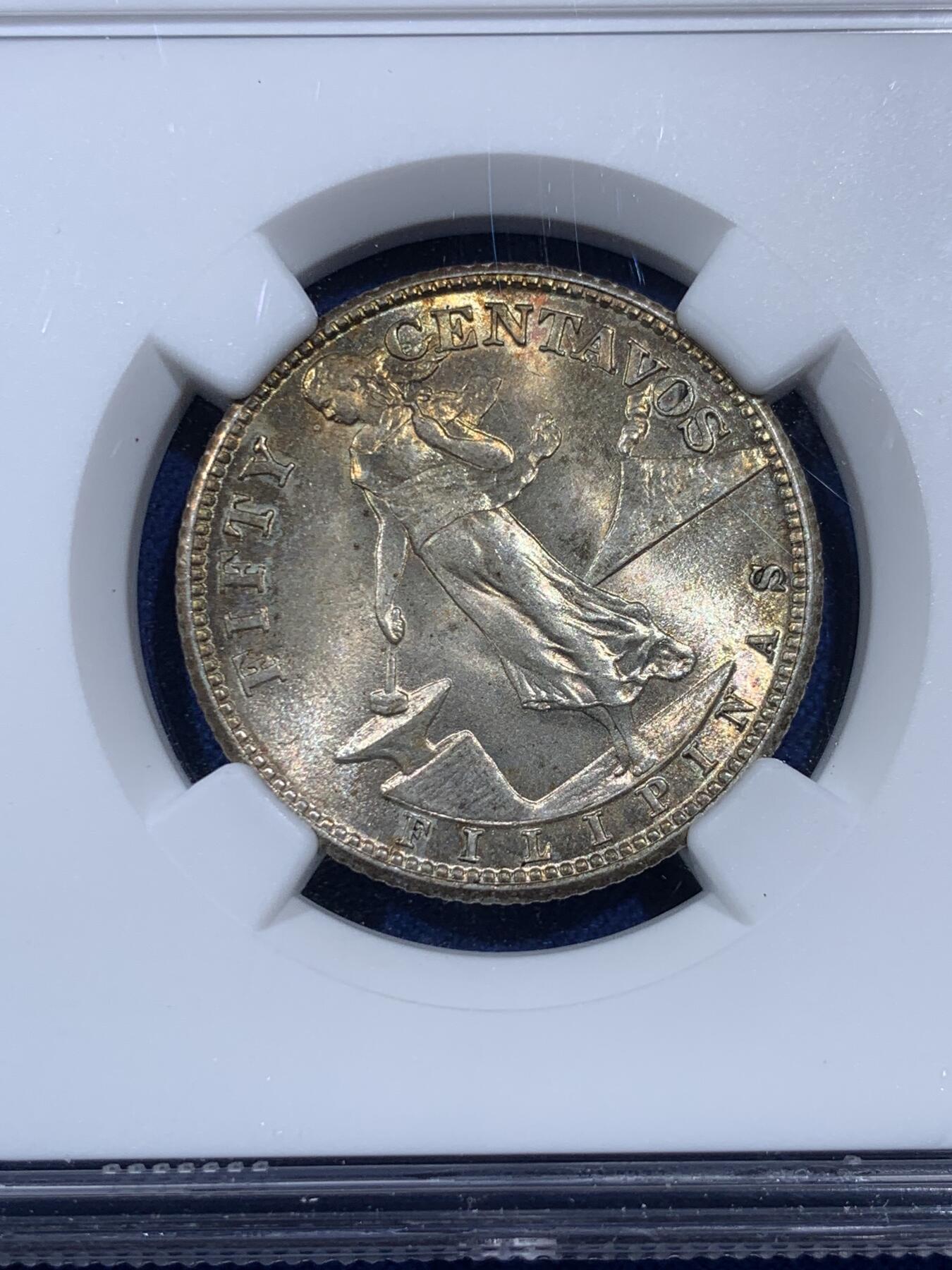 《竞宝斋》第403场 周日，周一，2场连拍 （全场包邮） NGC MS63 美属菲律宾 1944年 打铁女神 50分银币