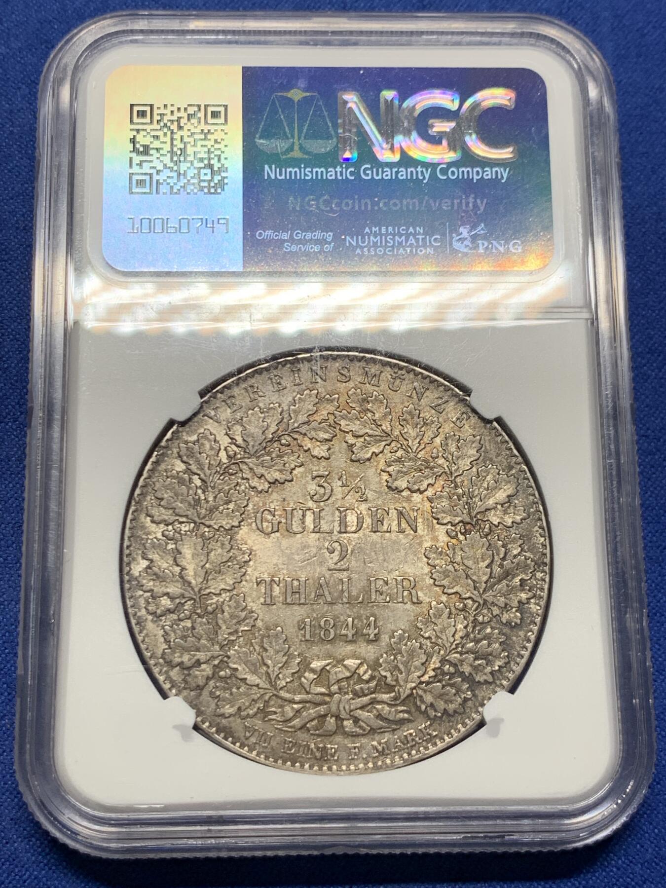 《竞宝斋》第403场 周日，周一，2场连拍 （全场包邮） 亚军分 NGC MS64 德国 1844年 法兰克福 2泰勒银币 高点俱在 羽毛犀利 深彩包浆能上64确实不易