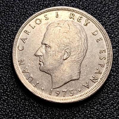 泉币菌-第59场-各国老币铜币场 西班牙1975年 5比塞塔镍币 卡洛斯一世 23mm  西班牙国徽