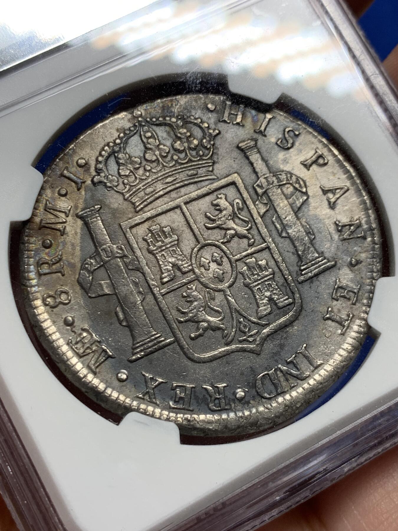 《竞宝斋》第403场 周日，周一，2场连拍 （全场包邮） NGC MINT ERROR AUD 西属秘鲁1780年卡洛斯三世 8R双柱大银币 细节见图