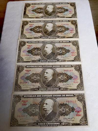 巴西1962-64年5克鲁塞罗靓品纸币5枚一组 - 巴西1962-64年5克鲁塞罗靓品纸币5枚一组