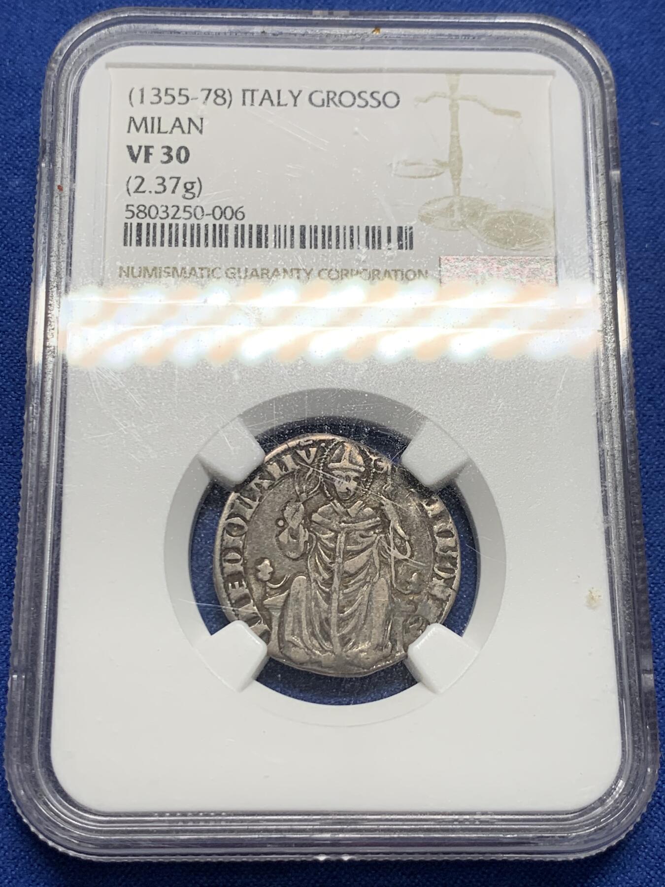 《竞宝斋》第403场 周日，周一，2场连拍 （全场包邮） NGC VF30 意大利米兰公国 1Grosso银币 不多见的品种 中世纪 状态不容易