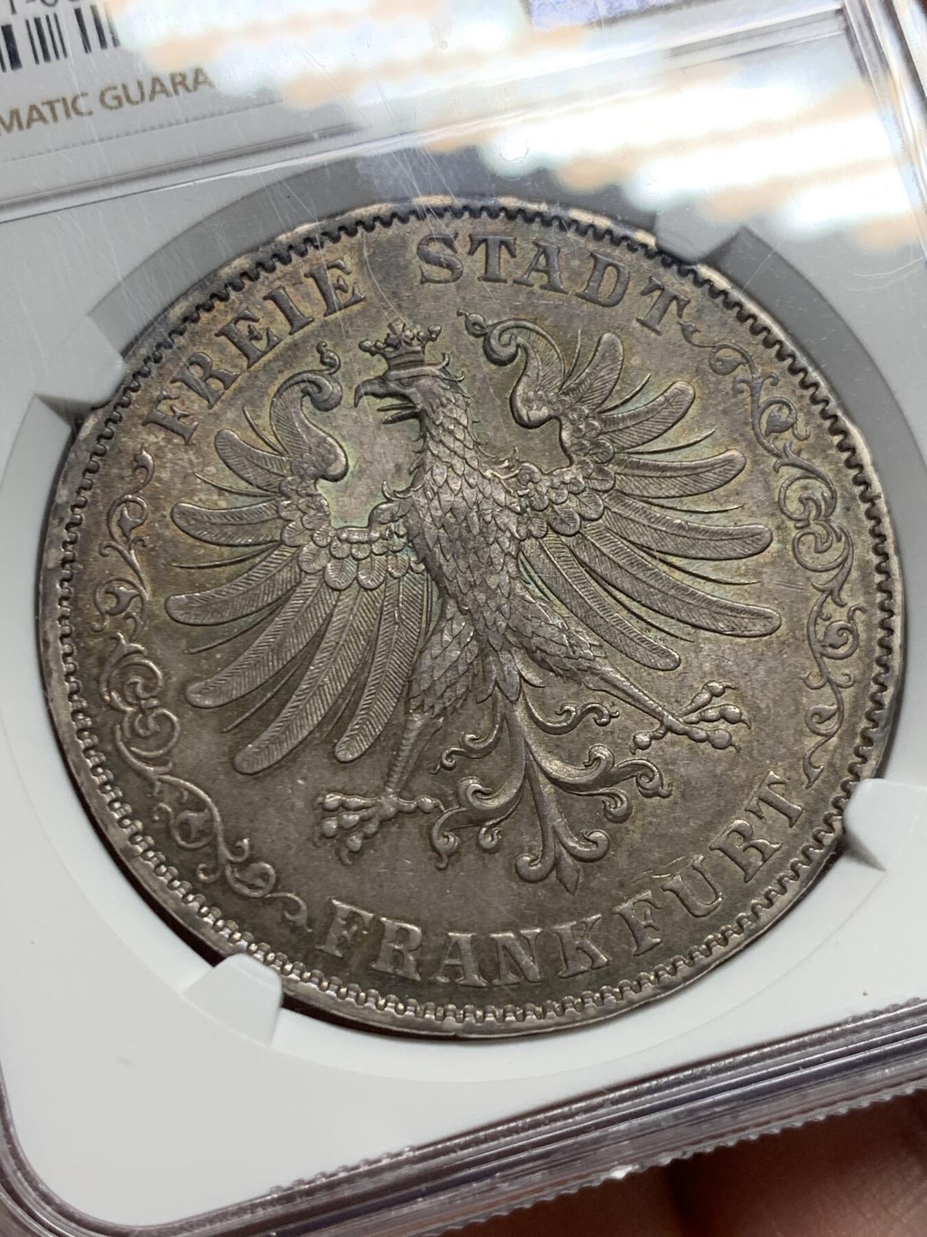《竞宝斋》第403场 周日，周一，2场连拍 （全场包邮） 亚军分 NGC MS64 德国 1844年 法兰克福 2泰勒银币 高点俱在 羽毛犀利 深彩包浆能上64确实不易