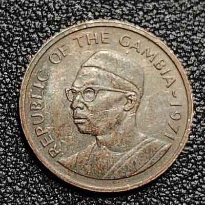 泉币菌-第59场-各国老币铜币场 冈比亚 1971年1布图硬币 首任总统国父贾瓦拉头像 花生