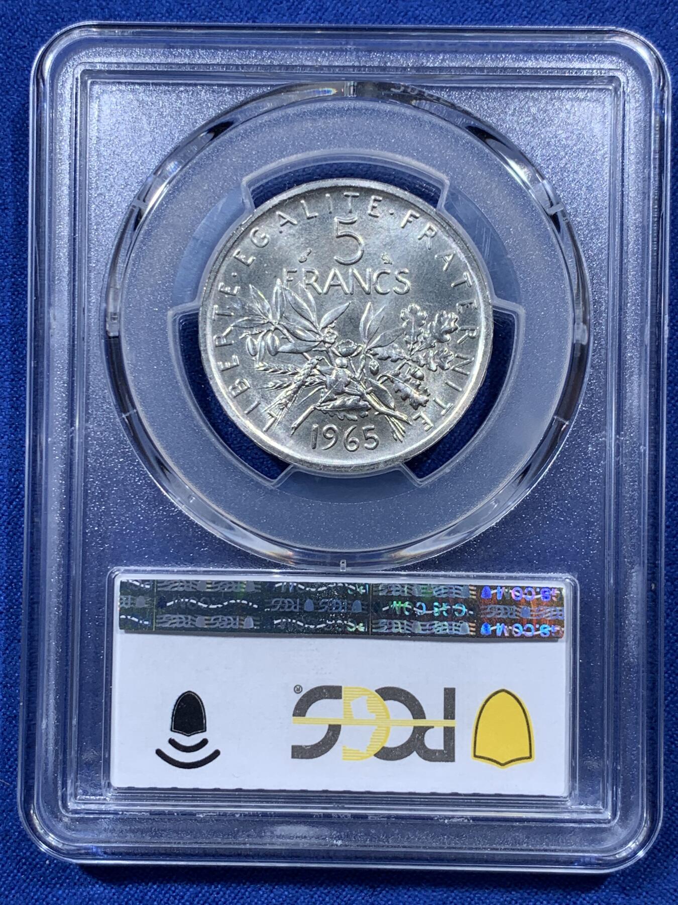 《竞宝斋》第403场 周日，周一，2场连拍 （全场包邮） PCGS MS65 法国1965年播种女神5法郎银币 拆卷高分